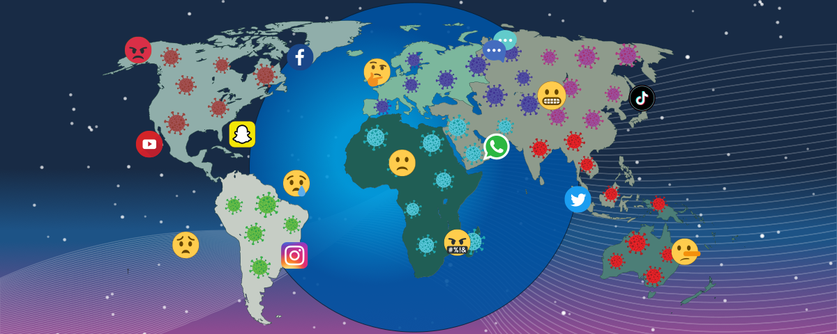 The Earth depicted with viruses spreading across continents and social media icons, symbolizing the connection between social media and the spread of vaccine disinformation and misinformation in the game Disinfo Fighters.