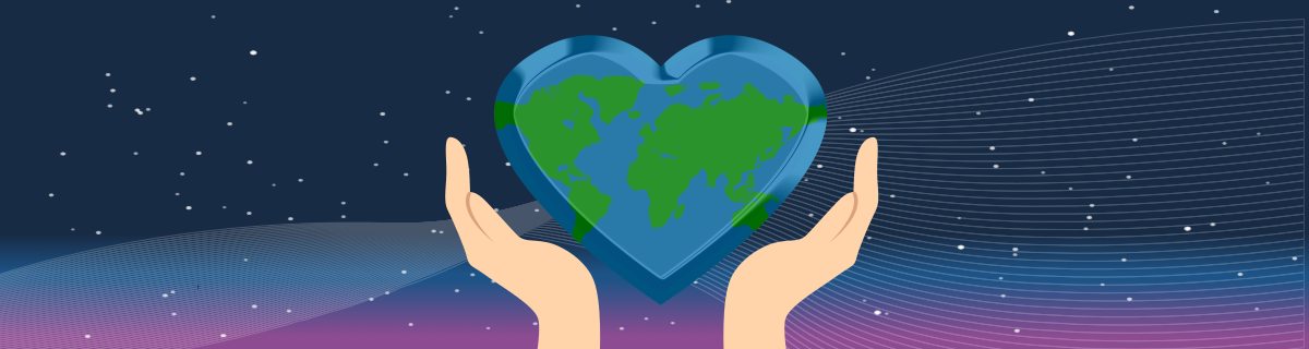 Two hands gently holding a heart-shaped Earth, symbolizing the global support for the educational mission of the Disinfo Fighters game.