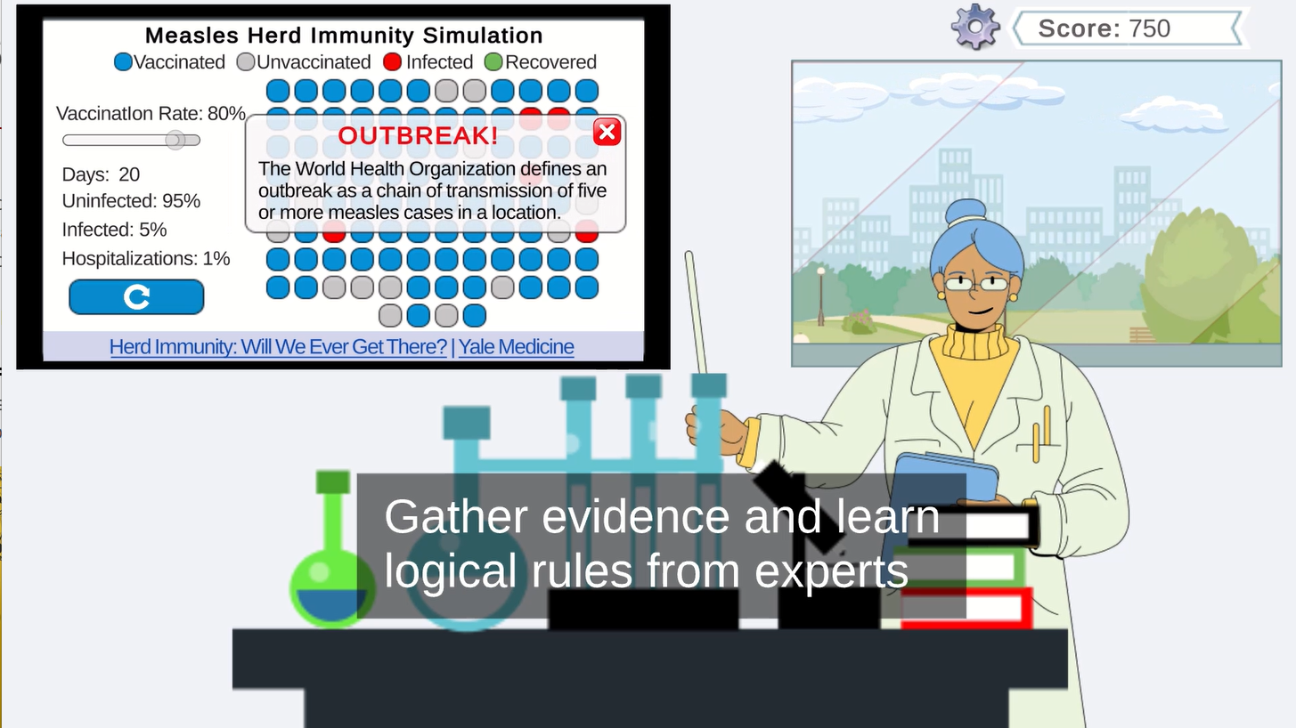 Disinfo Fighters game image: meet with experts to gather evidence and learn logic rules to debate spreaders of disinformation.