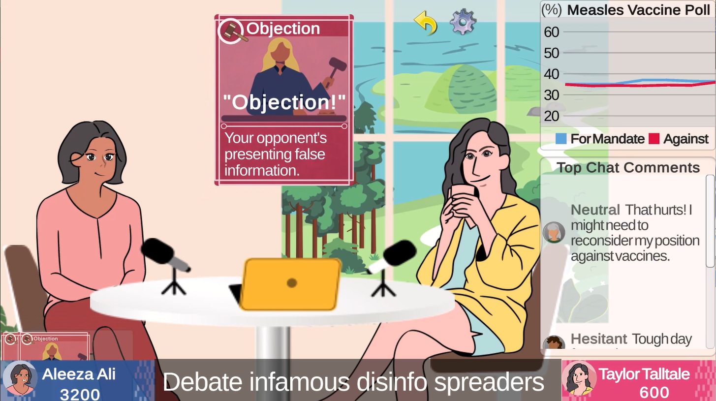 Disinfo Fighters game image: debate spreaders of vaccine disinformation and misinformation in-person.