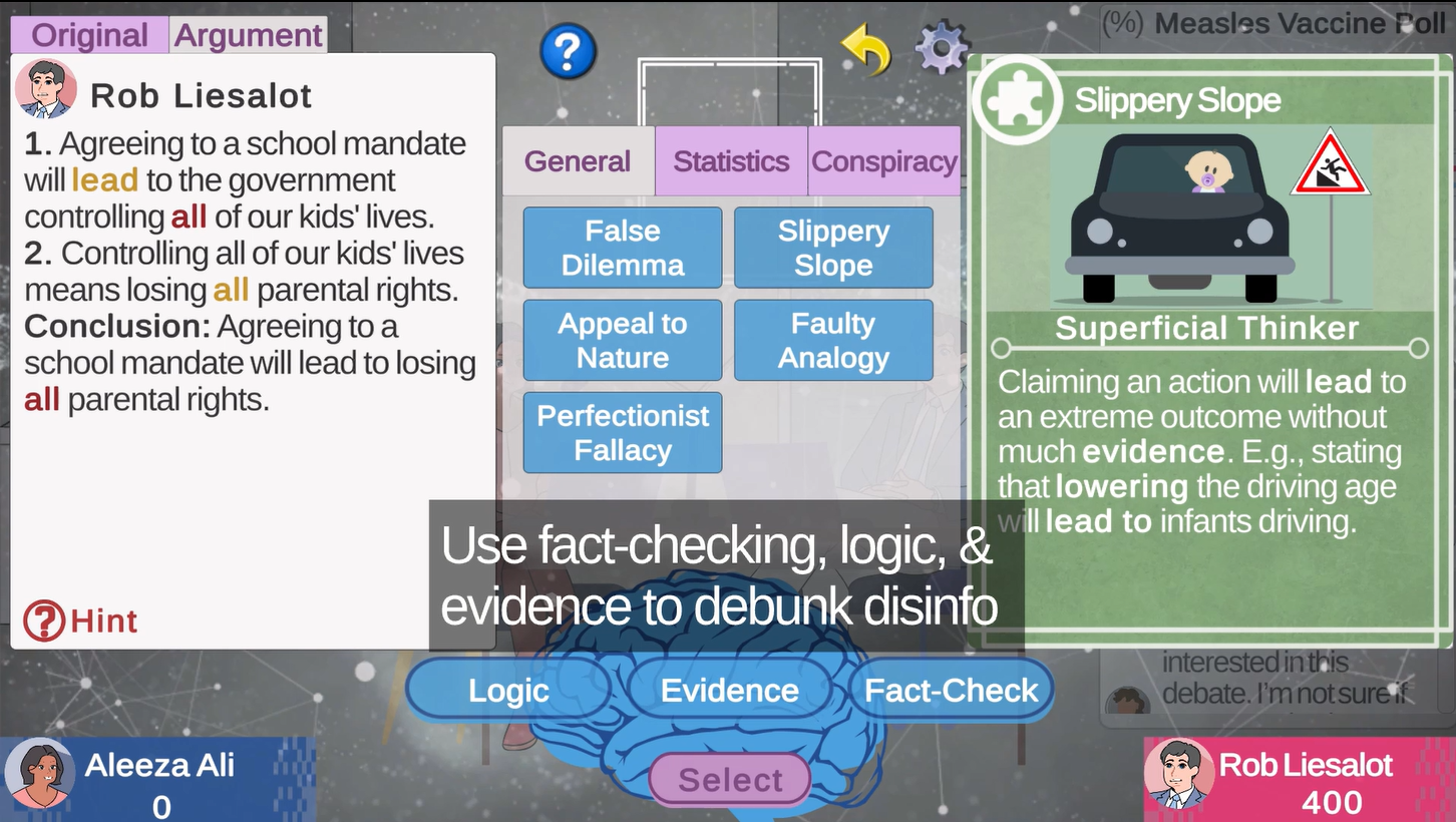 Disinfo Fighters game image: use fact-checking, logic, and scientific evidence to debunk disinformation and misinformation about vaccines.