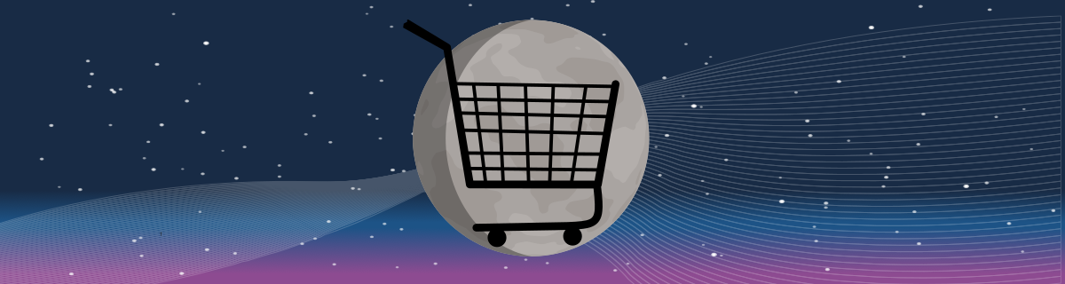 A shopping cart set against the backdrop of the moon, symbolizing the opportunity to support the educational mission of the Disinfo Fighters game through merchandise purchase